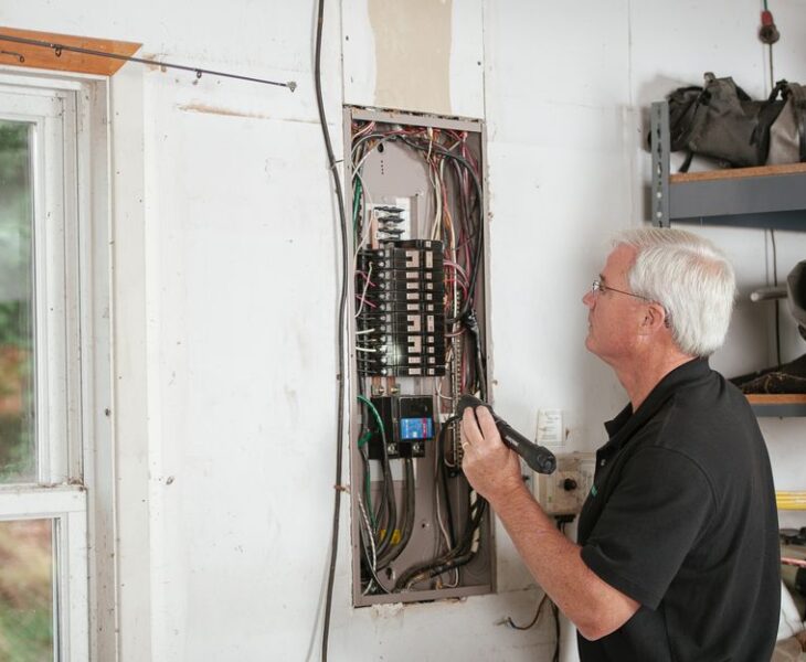 Elektryk z latarką sprawdza otwartą rozdzielnicę elektryczną zamontowaną na ścianie.