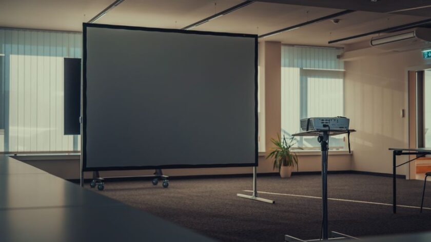 Mobilny ekran projekcyjny na kółkach oraz projektor na statywie w sali konferencyjnej